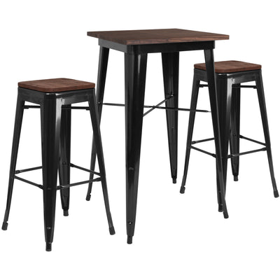 23.5" Square Metal Bar Table Set with Wood Top and 2 Backless Stools - View 1