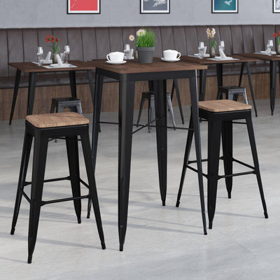 23.5" Square Metal Bar Table Set with Wood Top and 2 Backless Stools - View 2