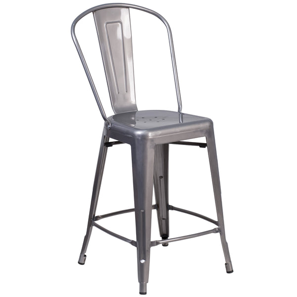 24inch High Clear Coated Indoor Counter Height Stool with Back