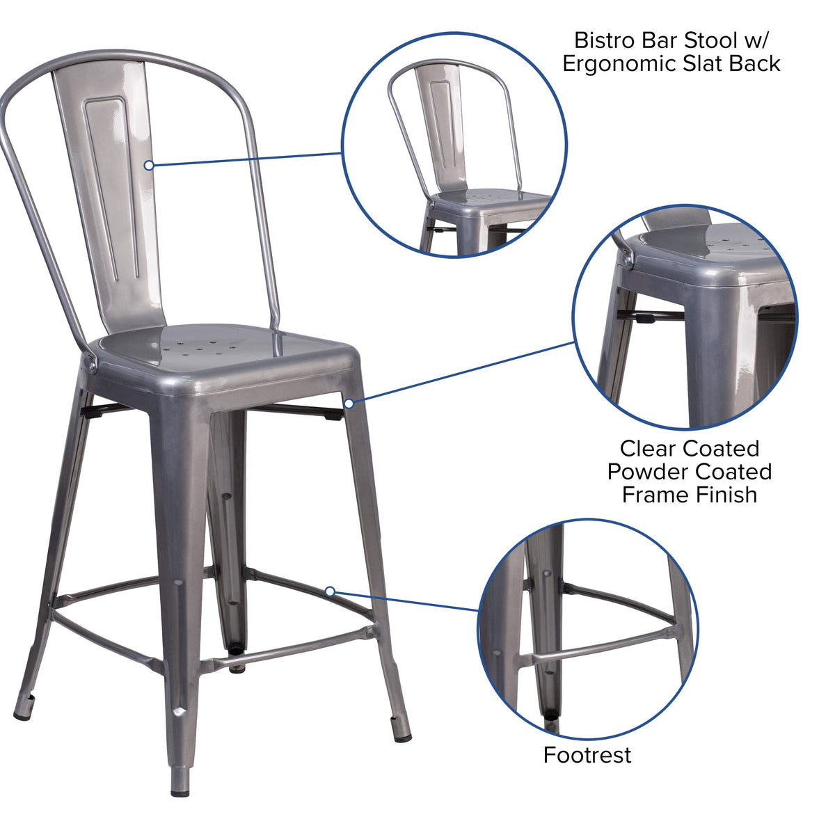 24inch High Clear Coated Indoor Counter Height Stool with Back