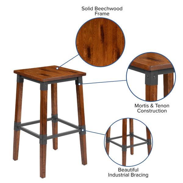 2 Pack Commercial Grade Rustic Walnut Industrial Style Backless Wood Barstool