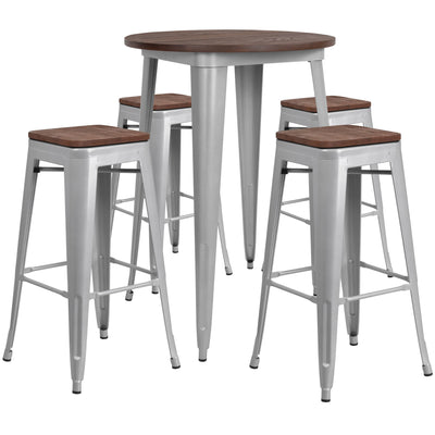 30" Round Metal Bar Table Set with Wood Top and 4 Backless Stools - View 1