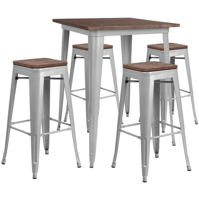 31.5" Square Metal Bar Table Set with Wood Top and 4 Backless Stools - View 1