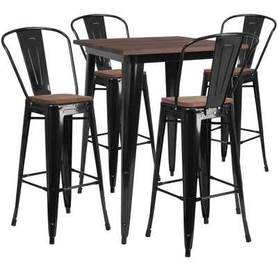 31.5" Square Metal Bar Table Set with Wood Top and 4 Stools - View 1