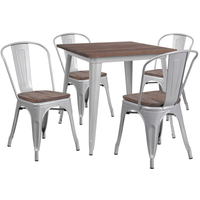 31.5" Square Metal Table Set with Wood Top and 4 Stack Chairs - View 1