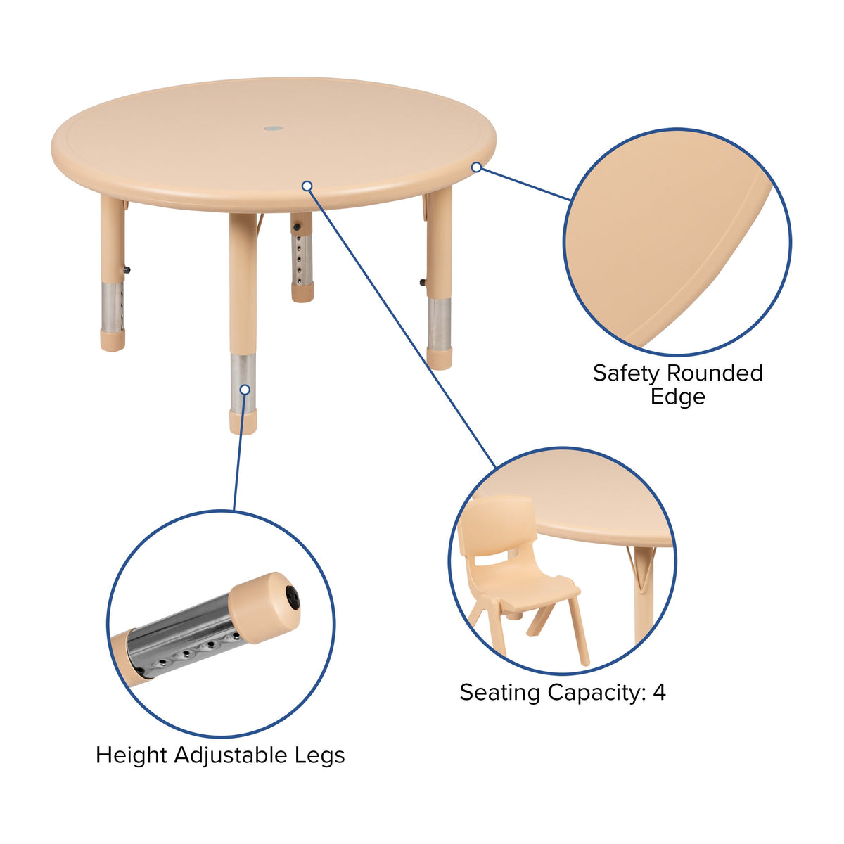 Natural |#| 33inch Round Natural Plastic Height Adjustable Activity Table Set with 2 Chairs