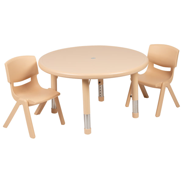 Natural |#| 33inch Round Natural Plastic Height Adjustable Activity Table Set with 2 Chairs