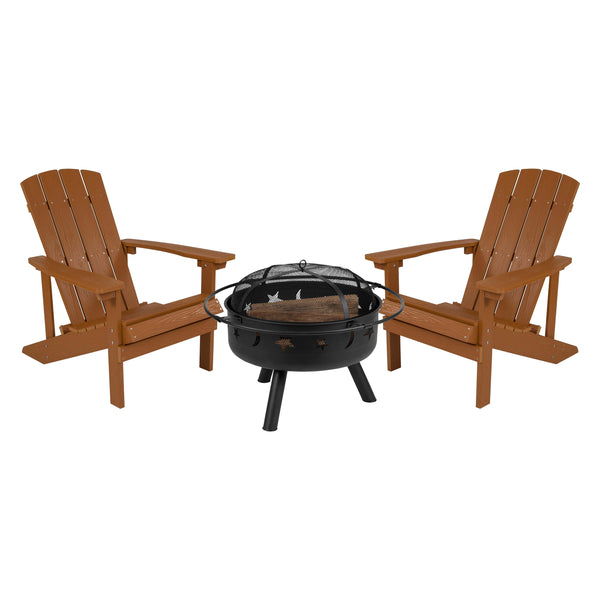 Teak |#| Star and Moon Fire Pit with Mesh Cover & 2 Teak Poly Resin Adirondack Chairs