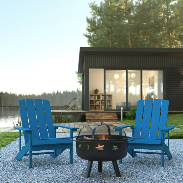 Blue |#| Star and Moon Fire Pit with Mesh Cover & 2 Blue Poly Resin Adirondack Chairs