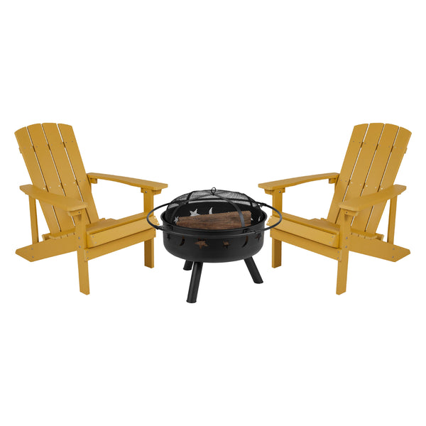 Yellow |#| Star and Moon Fire Pit with Mesh Cover & 2 Yellow Poly Resin Adirondack Chairs