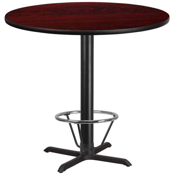 Mahogany |#| 42inch Round Mahogany Laminate Table Top & 33inchx 33inch Bar Height Base with Foot Ring