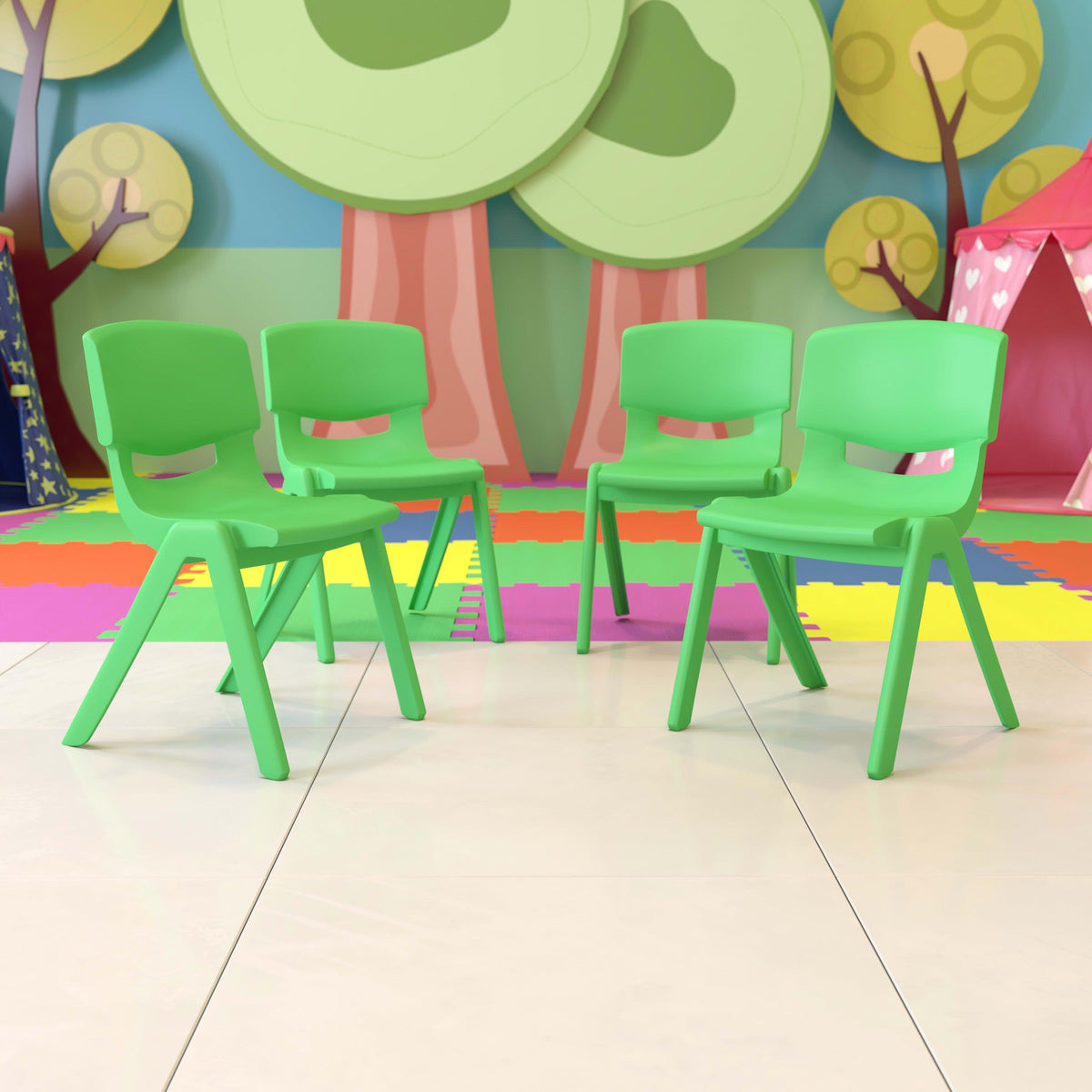 Green |#| 4 Pack Green Plastic Stack School Chair with 15.5inchH Seat, 3rd-7th School Chair