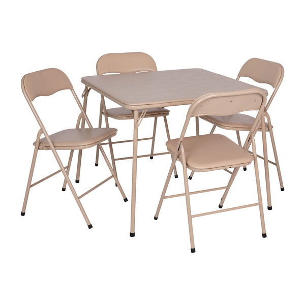 Tan |#| 5 Piece Tan Folding Card Table and Chair Set with Upholstered Table Top