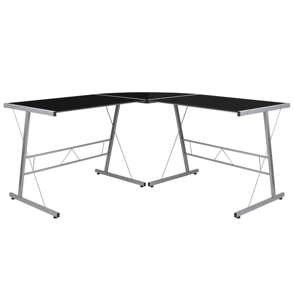 Black Top/Silver Frame |#| L-Shaped Corner Gaming Desk with Black Tempered Glass Top & Silver Steel Frame