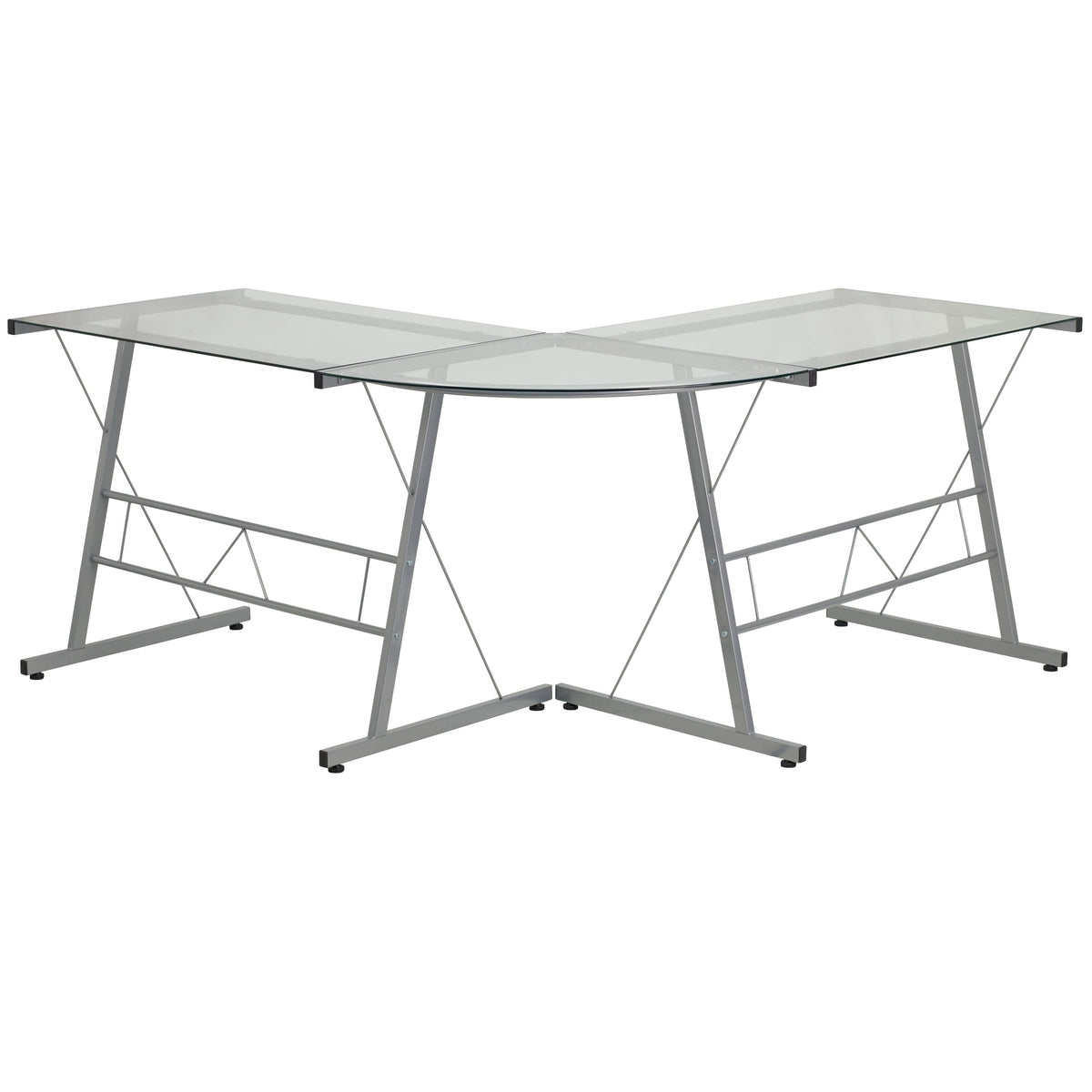 Clear Top/Silver Frame |#| L-Shaped Corner Gaming Desk with Clear Tempered Glass Top & Silver Steel Frame