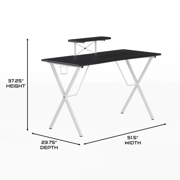 Black Top/White Frame |#| Gaming Desk with Cupholder, Headphone Hook & Monitor Stand-Black Top-White Frame