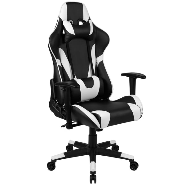 Black |#| Reclining 360° Swivel Gamers Chair-Black & White Faux Leather - Adjustable Arms