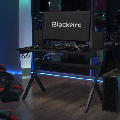 BlackArc Legend 88 Gaming Desk with Carbon Fiber Desktop, Steel Frame and Detachable Cupholder/Headphone Hook, Two Cable Management Holes - View 2