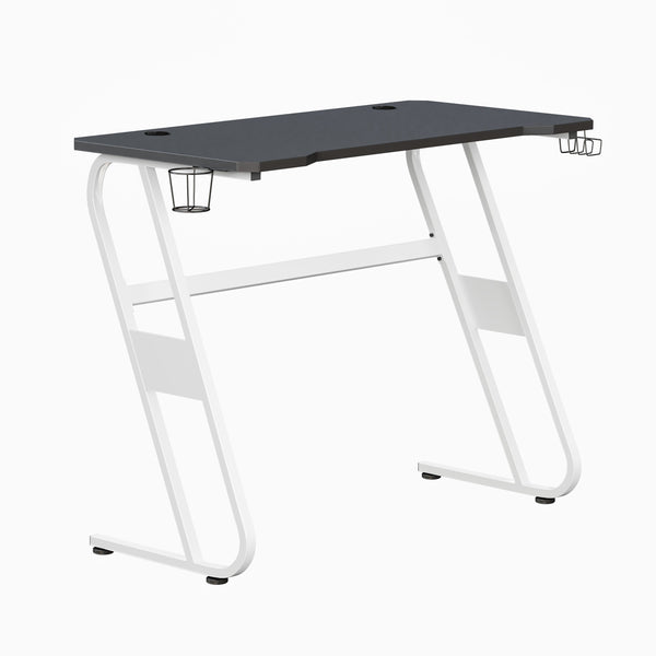 White |#| Gaming Desk with Black Laminate Top, White Steel Frame-Cupholder-Headphone Hook