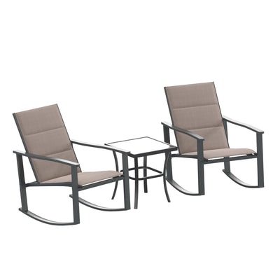 Brazos 3 Piece Outdoor Rocking Chair Bistro Set with Flex Comfort Material and Metal Framed Glass Top Table - View 1