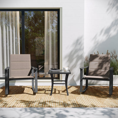 Brazos 3 Piece Outdoor Rocking Chair Bistro Set with Flex Comfort Material and Metal Framed Glass Top Table - View 2