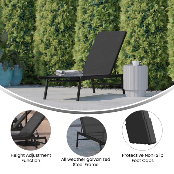 Black |#| All-Weather Textilene Adjustable Chaise Lounge Chair - Black/Black