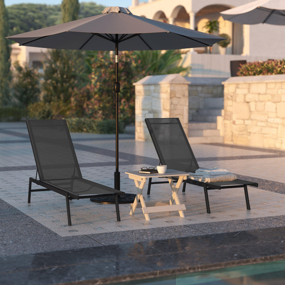 Black |#| All-Weather Textilene Adjustable Chaise Lounge Chair - Black/Black