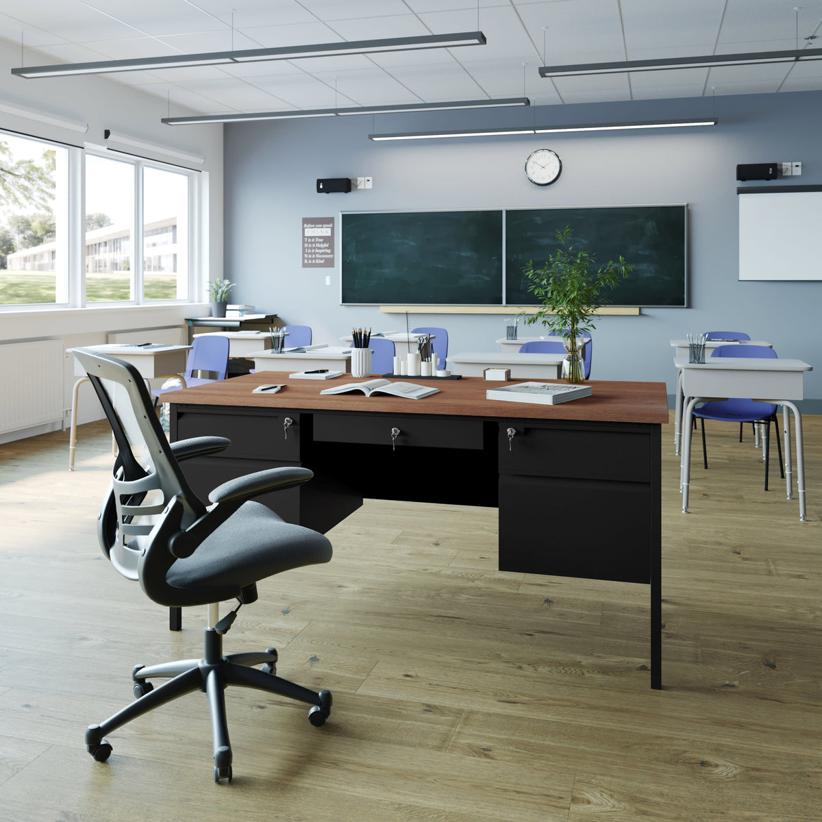 Walnut |#| Commercial Double Pedestal Desk with 5 Locking Drawers in Walnut-50x60