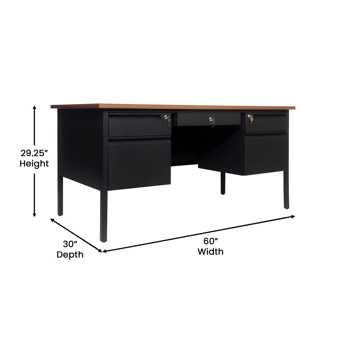 Walnut |#| Commercial Double Pedestal Desk with 5 Locking Drawers in Walnut-50x60