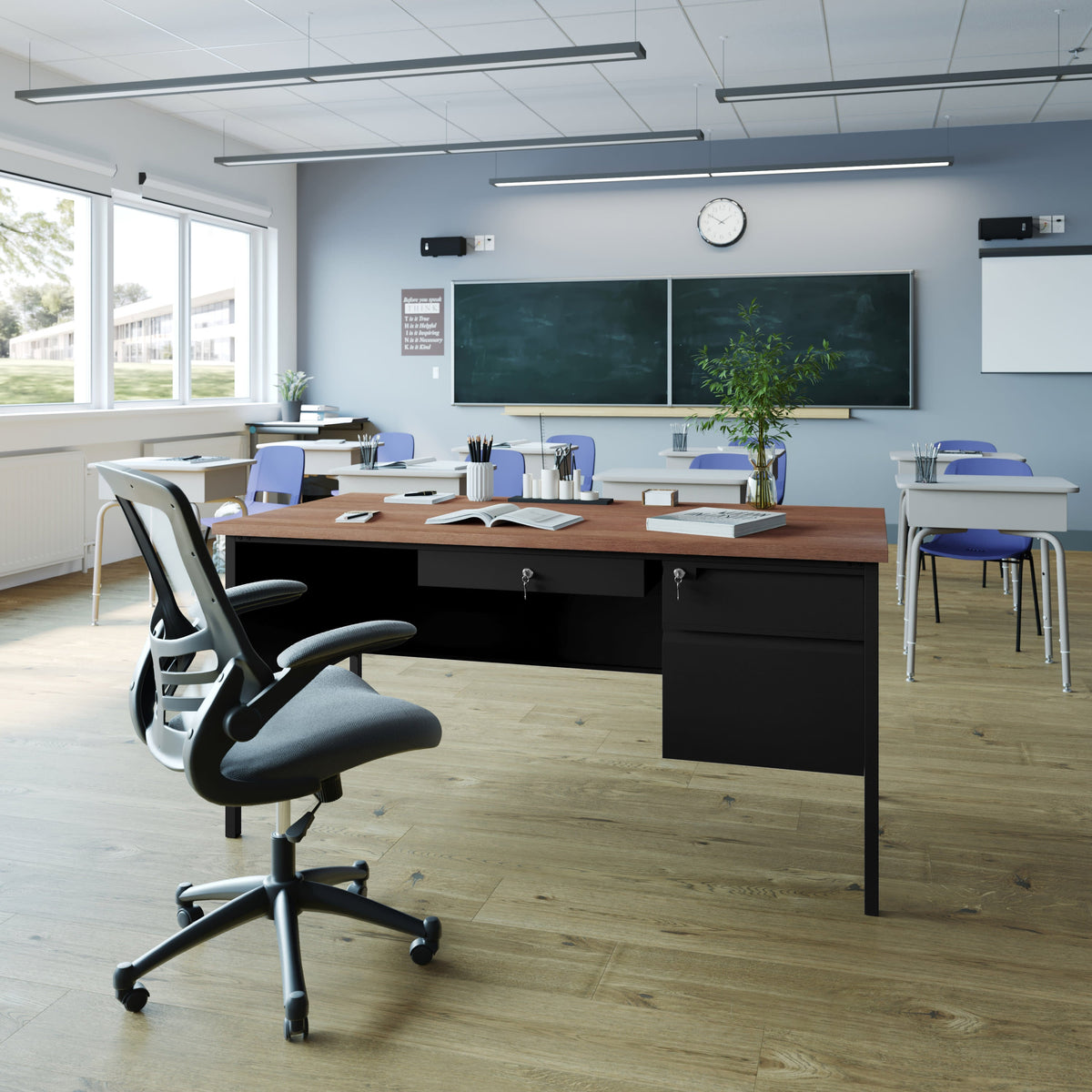 Walnut |#| Commercial Right Side Single Pedestal Desk-3 Locking Drawers in Walnut-30x60