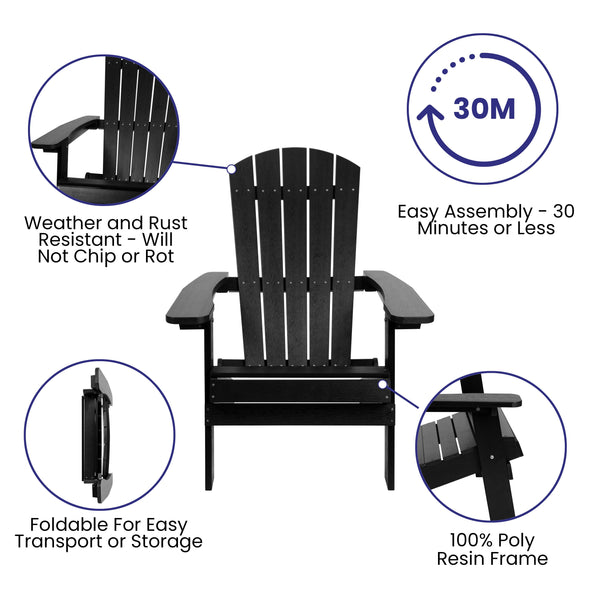 Black/Gray |#| Indoor/Outdoor Black Folding Adirondack Chairs with Gray Cushions - Set of 2