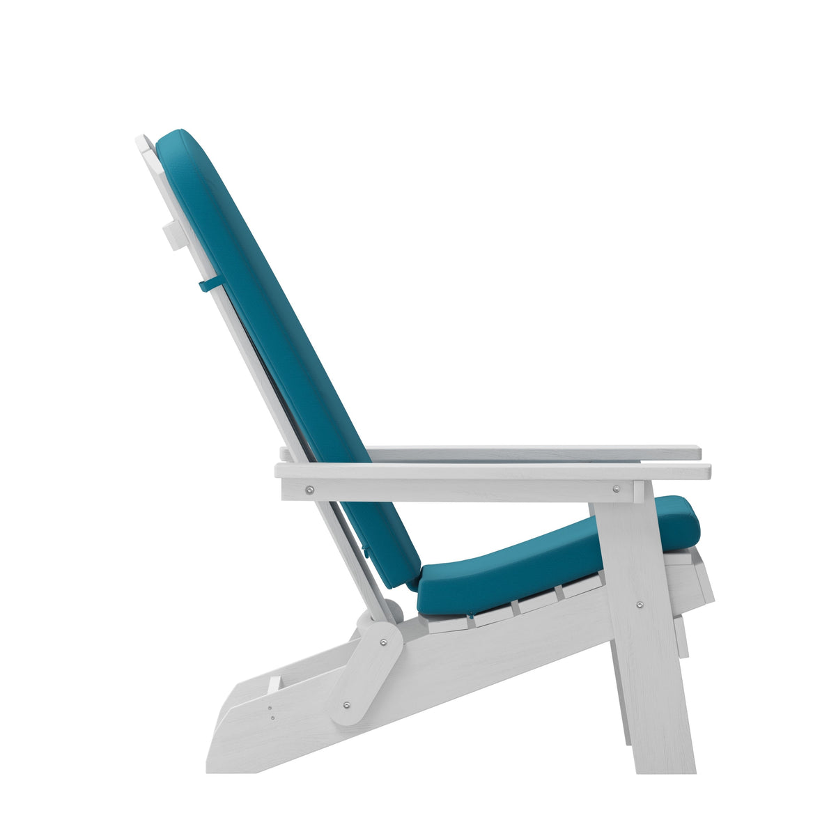 White/Teal |#| Indoor/Outdoor White Folding Adirondack Chairs with Teal Cushions - Set of 2