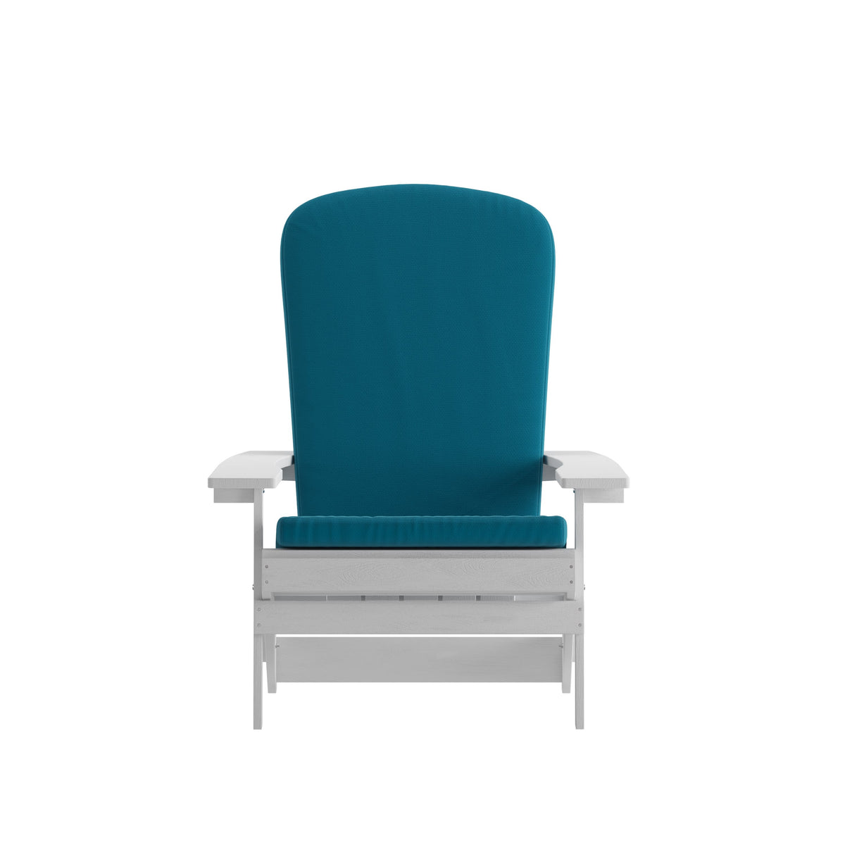 White/Teal |#| Indoor/Outdoor White Folding Adirondack Chairs with Teal Cushions - Set of 2