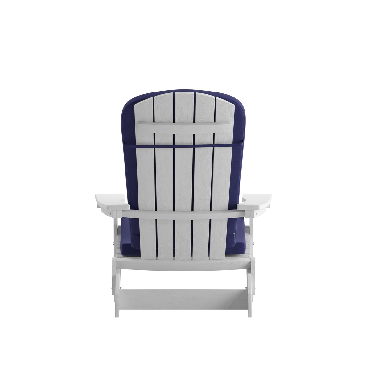 White/Blue |#| Indoor/Outdoor White Folding Adirondack Chairs with Blue Cushions - Set of 2