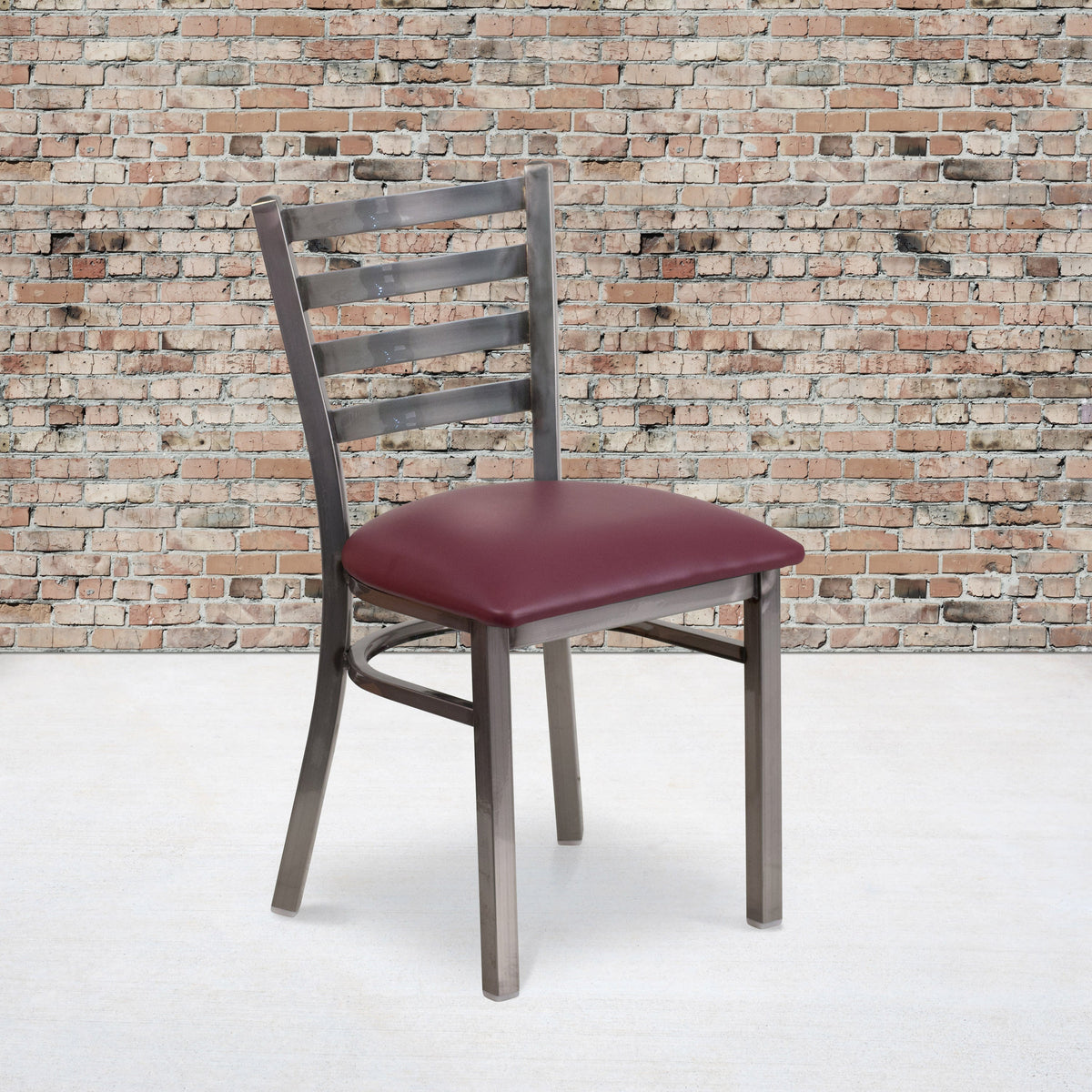 Burgundy Vinyl Seat/Clear Coated Metal Frame |#| Clear Coated Ladder Back Metal Restaurant Chair - Burgundy Vinyl Seat