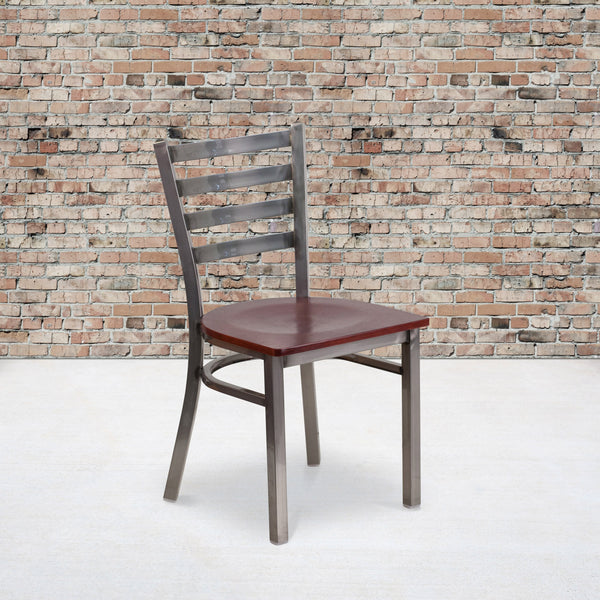 Mahogany Wood Seat/Clear Coated Metal Frame |#| Clear Coated Ladder Back Metal Restaurant Chair - Mahogany Wood Seat