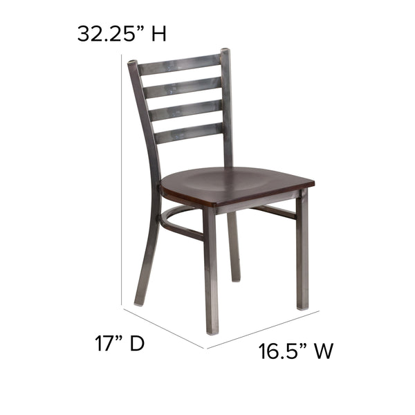 Walnut Wood Seat/Clear Coated Metal Frame |#| Clear Coated Ladder Back Metal Restaurant Chair - Walnut Wood Seat