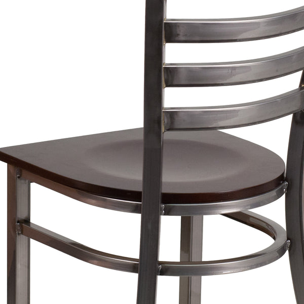 Walnut Wood Seat/Clear Coated Metal Frame |#| Clear Coated Ladder Back Metal Restaurant Chair - Walnut Wood Seat