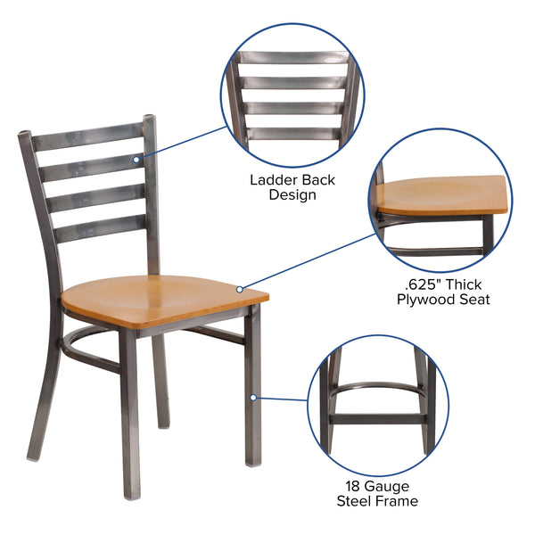 Natural Wood Seat/Clear Coated Metal Frame |#| Clear Coated Ladder Back Metal Restaurant Chair - Natural Wood Seat