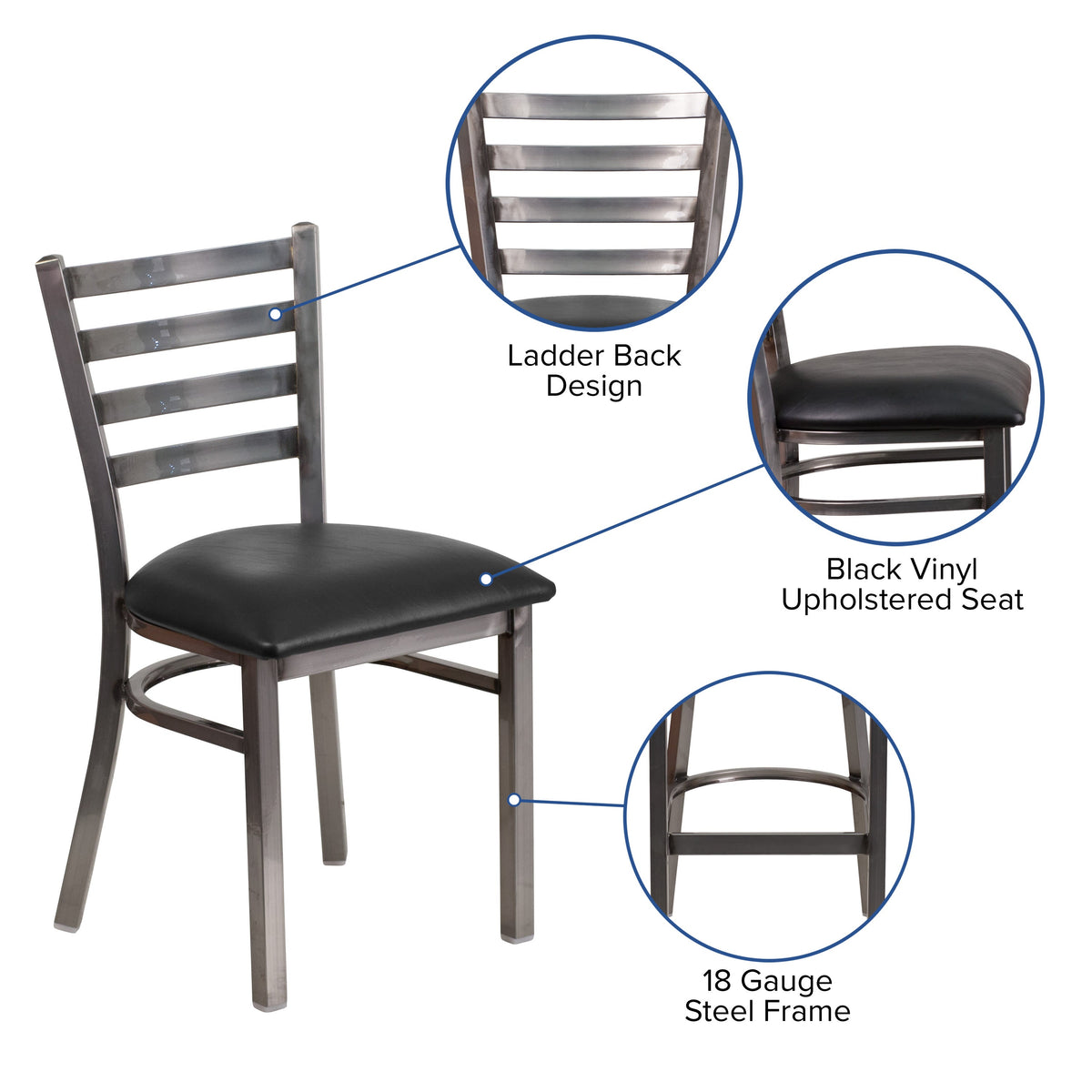 Black Vinyl Seat/Clear Coated Metal Frame |#| Clear Coated Ladder Back Metal Restaurant Chair - Black Vinyl Seat