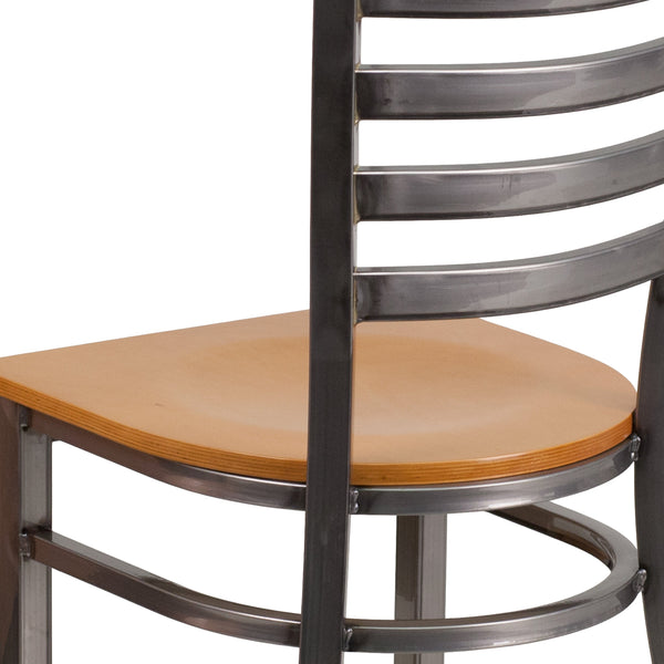 Natural Wood Seat/Clear Coated Metal Frame |#| Clear Coated Ladder Back Metal Restaurant Chair - Natural Wood Seat