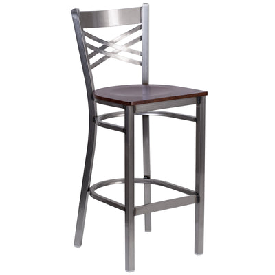 Clear Coated "X" Back Metal Restaurant Barstool - View 1