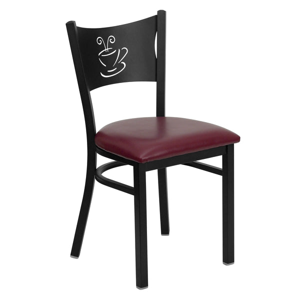 Burgundy Vinyl Seat/Black Metal Frame |#| Black Coffee Back Metal Restaurant Chair with Burgundy Vinyl Foam Padded Seat