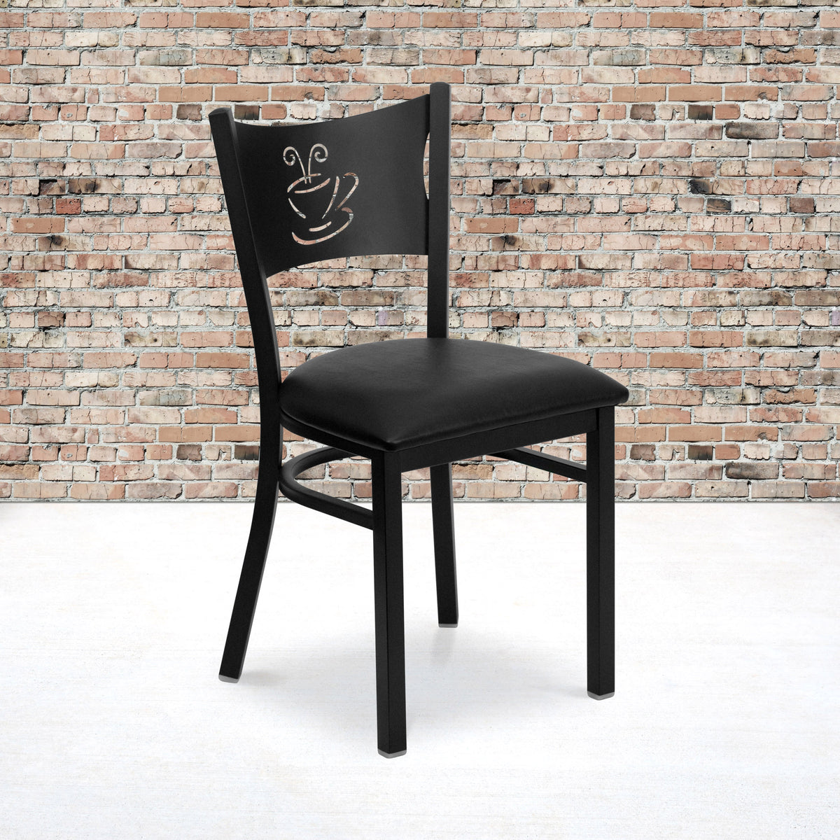 Black Vinyl Seat/Black Metal Frame |#| Black Coffee Back Metal Restaurant Chair with Black Vinyl Foam Padded Seat