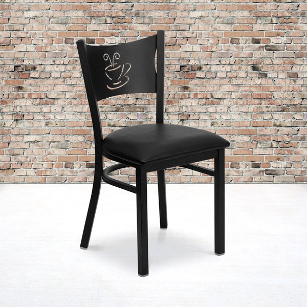 Black Vinyl Seat/Black Metal Frame |#| Black Coffee Back Metal Restaurant Chair with Black Vinyl Foam Padded Seat