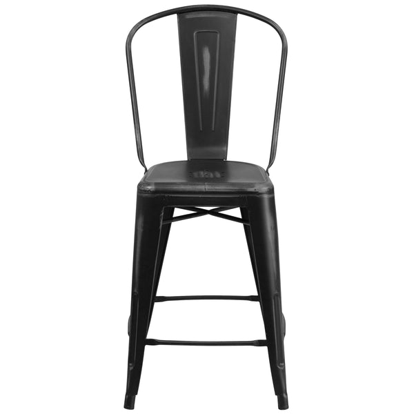 Black |#| 24inch High Distressed Black Metal Indoor-Outdoor Counter Height Stool with Back