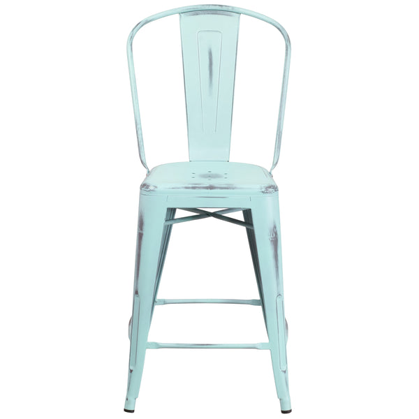 Green-Blue |#| 24inch High Distressed Green-Blue Metal Indoor-Outdoor Counter Height Stool w/Back