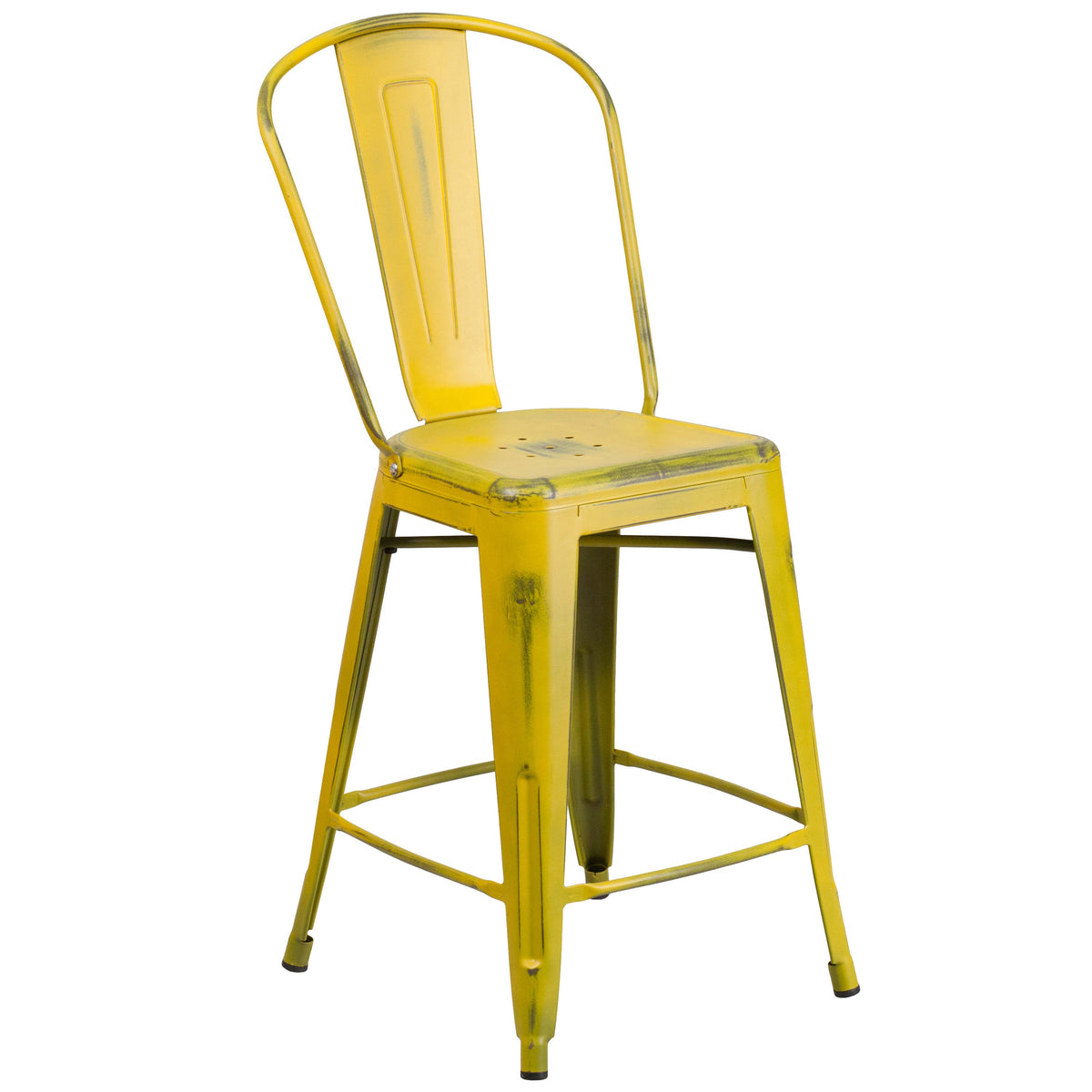 Yellow |#| 24inch High Distressed Yellow Metal Indoor-Outdoor Counter Height Stool with Back