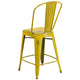 Yellow |#| 24inch High Distressed Yellow Metal Indoor-Outdoor Counter Height Stool with Back