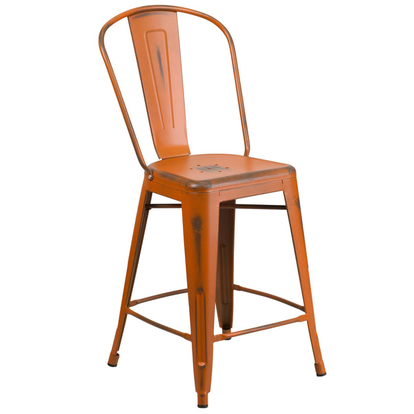 Orange |#| 24inch High Distressed Orange Metal Indoor-Outdoor Counter Height Stool with Back